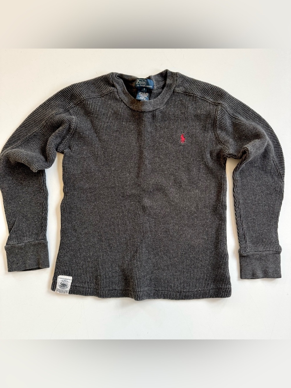 POLO RALPH LAUREN Youth Gray Crewneck Long Sleeve Waffle Knit Tee Boys Size 6